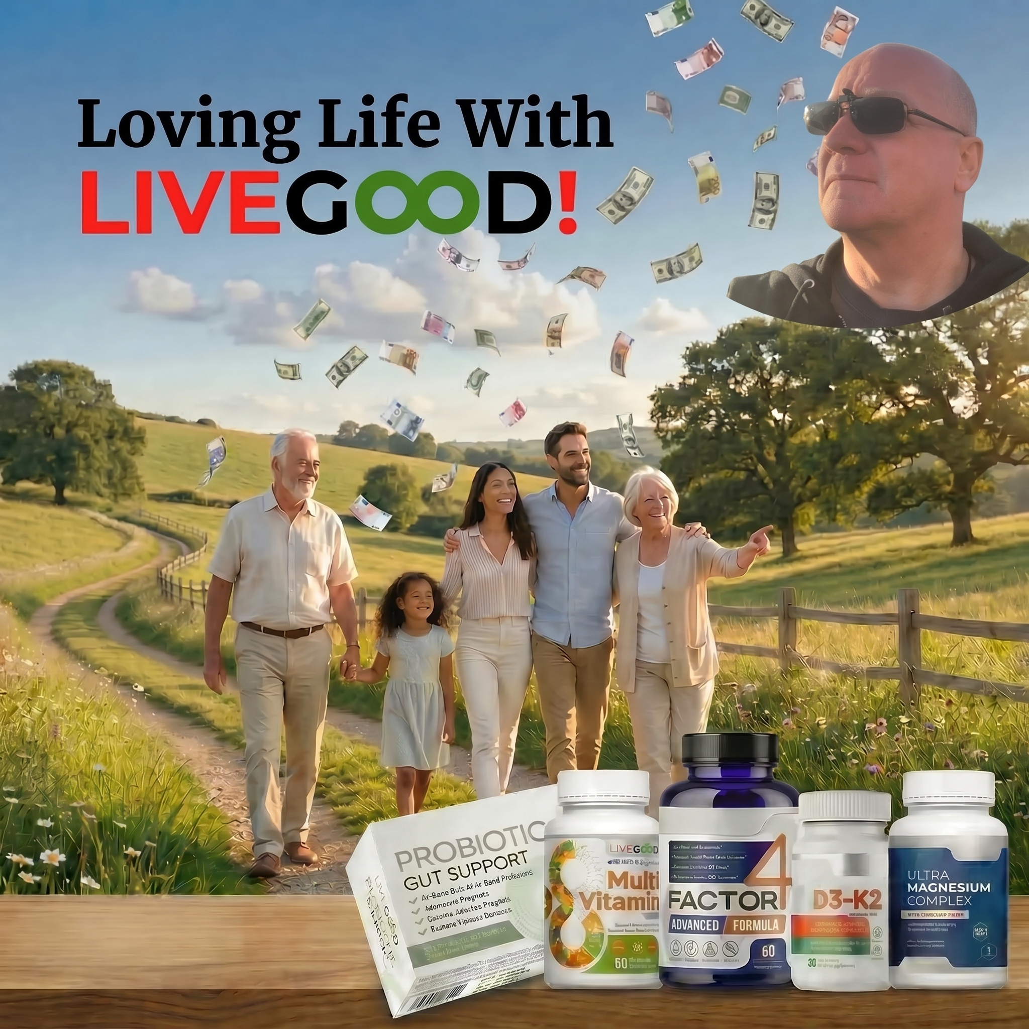 Happy Livegood family strolling out on a fine day with money falling from the sky